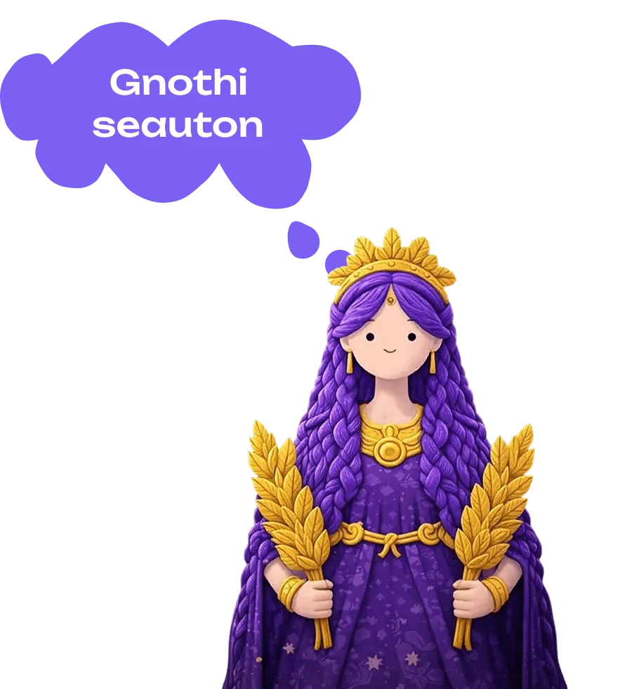 Demeter, Seauton's purple-haired guide, with the words Gnothi seauton