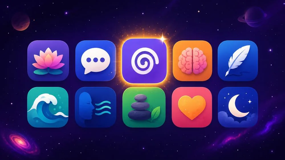 Colorful journaling and mindfulness app icons against a starry purple sky.