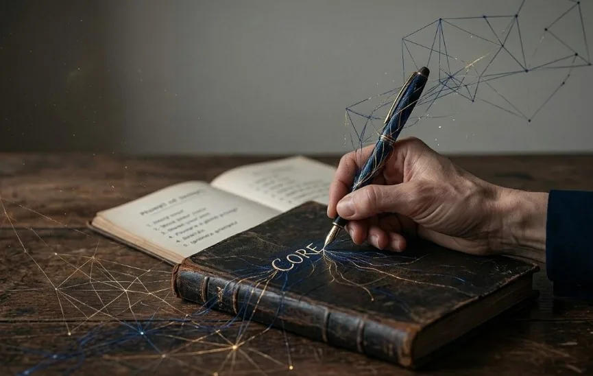 Close-up of a hand writing in an old journal with geometric constellations emerging from the pages