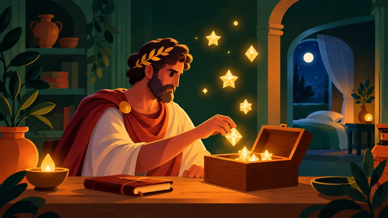 An ancient Greek man stores glowing stars in a wooden box beside a journal, symbolizing ideas saved for tomorrow.