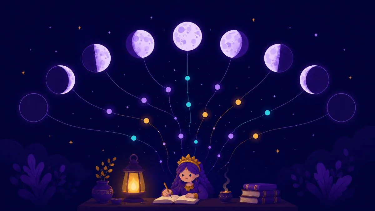Moon phases connected to colored points above a person journaling at night.