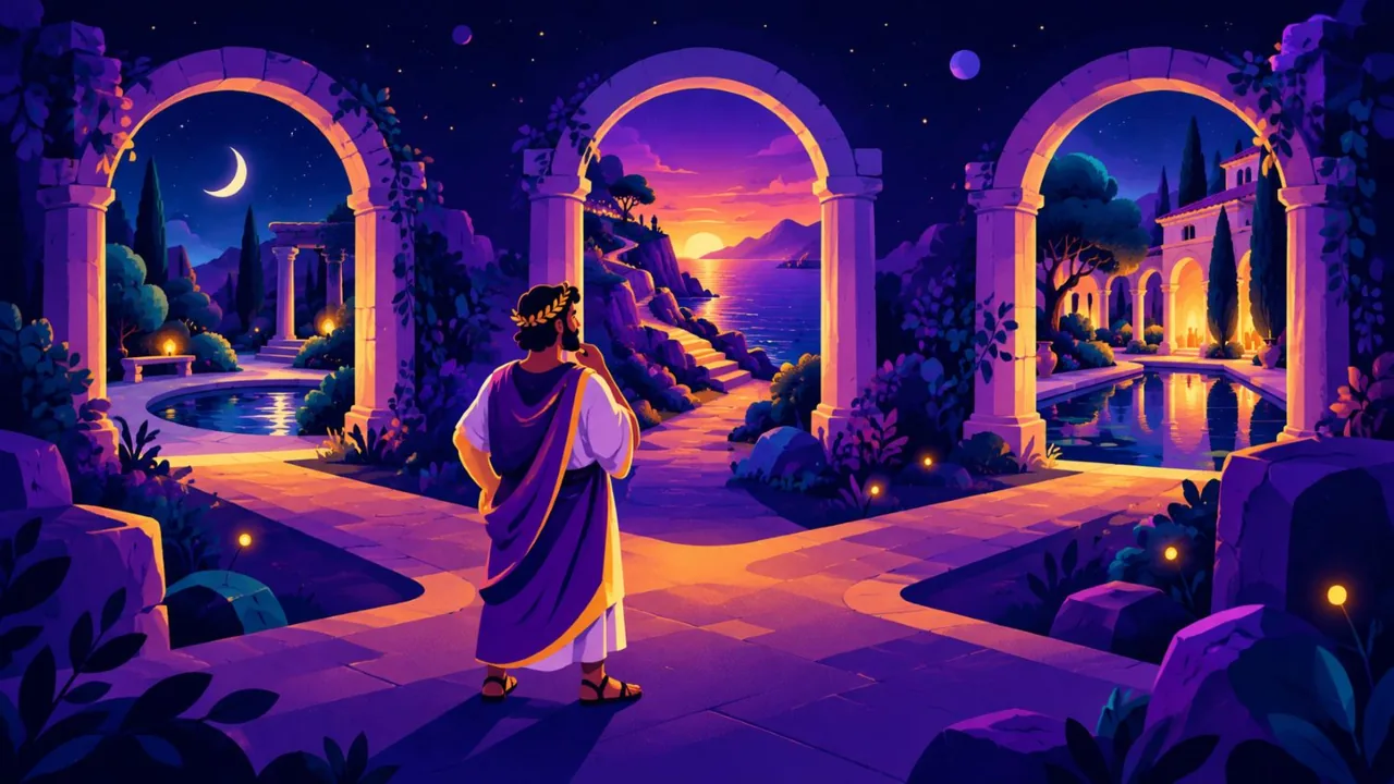 A robed ancient Greek man stands at a crossroads before three stone gateways, each opening onto a different path: a moonlit garden, a coastal route, and a courtyard with a reflecting pool.