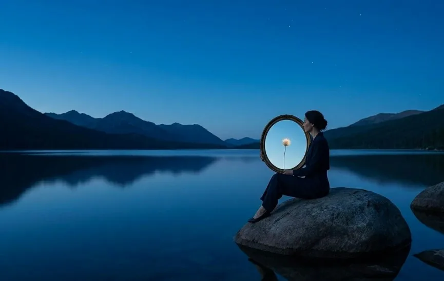 A woman sitting by a lake at night holding a circular mirror reflecting light, symbolizing self-discovery