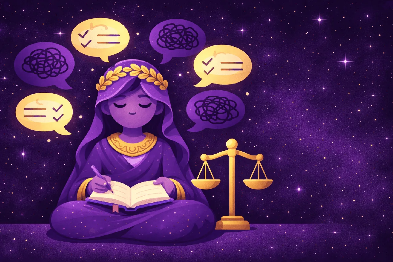 A purple illustration of a Greek goddess with scales, meditating over an open book in a starry galaxy