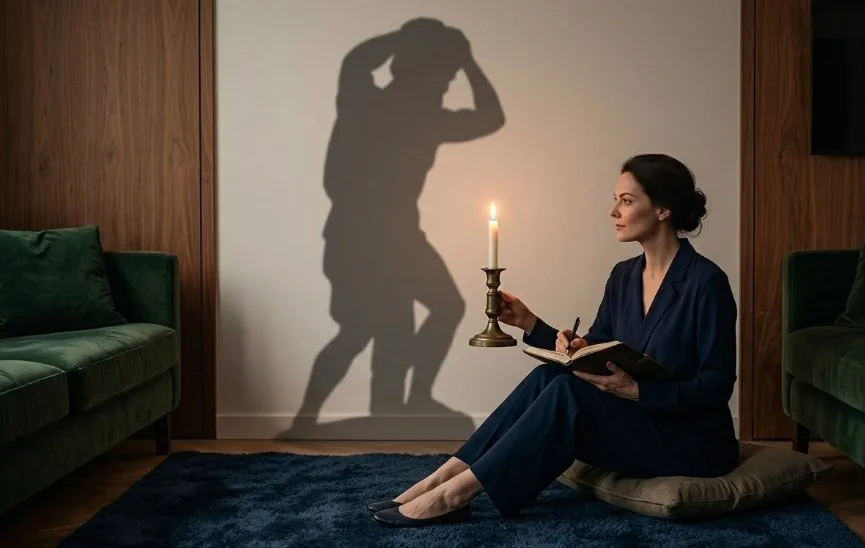A woman writing by candlelight with a dynamic shadow of two figures struggling on the wall