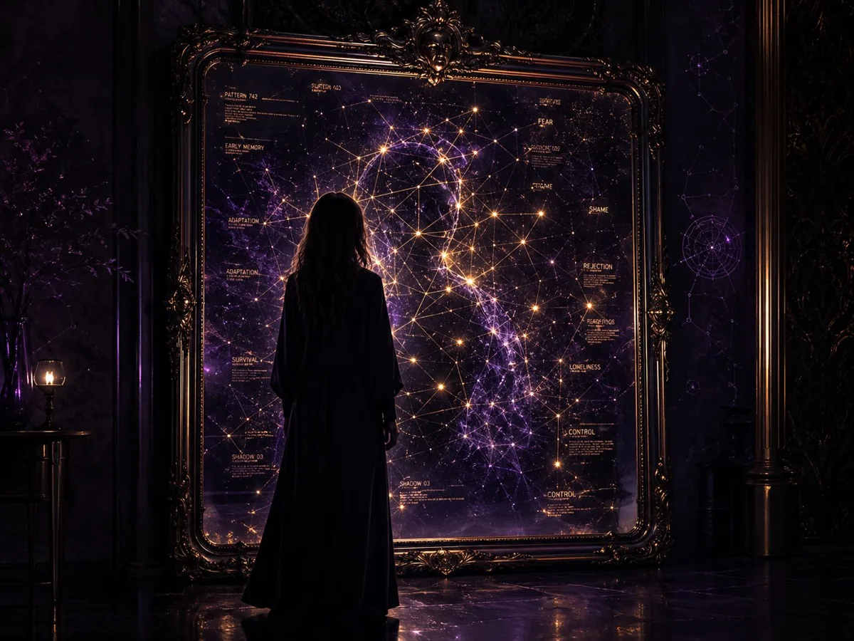 A person facing a shadowy reflection in a mirror filled with stars.