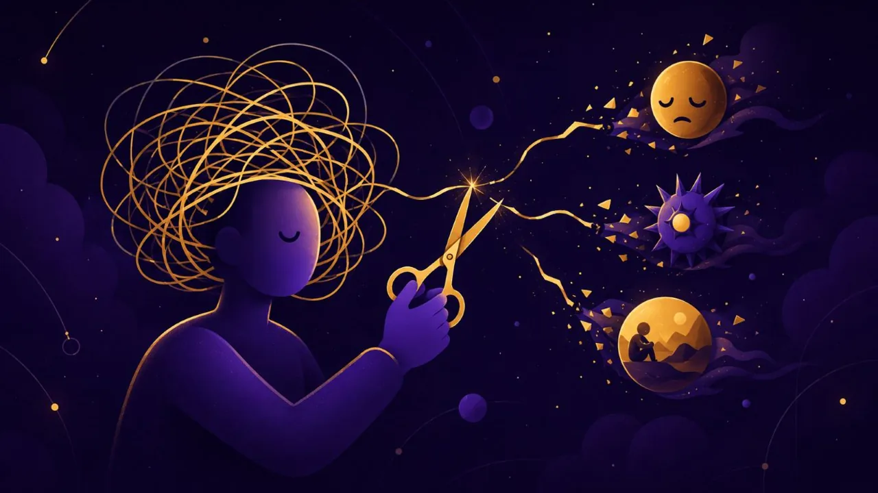 A person untangling golden thought loops into distinct emotions.