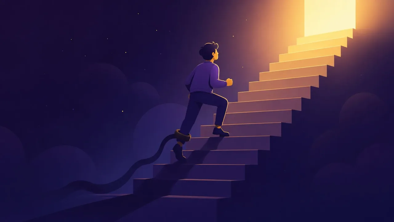 A person climbing toward a bright doorway while their shadow holds them back.