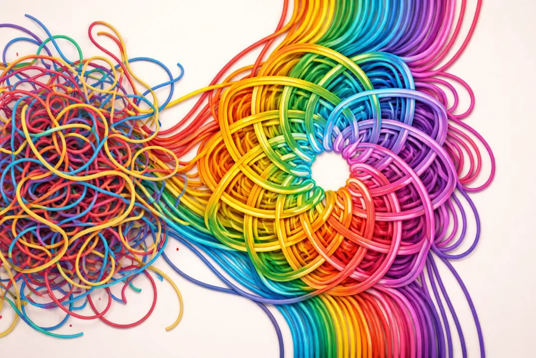 Abstract artwork of tangled colorful lines representing complex emotional patterns and thoughts