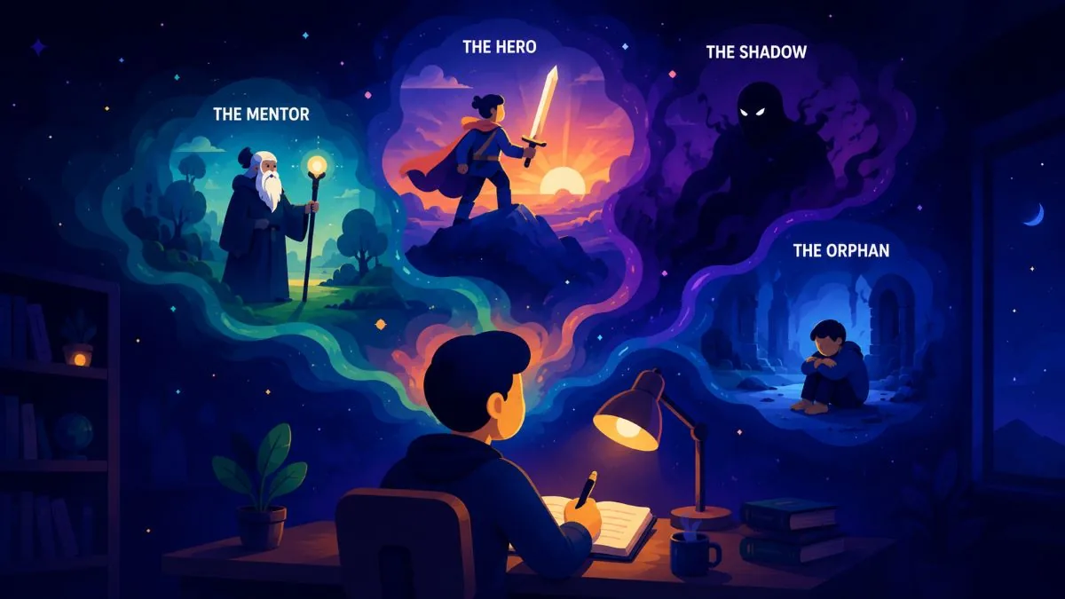 A person journaling beneath scenes representing the mentor, hero, shadow and orphan archetypes.