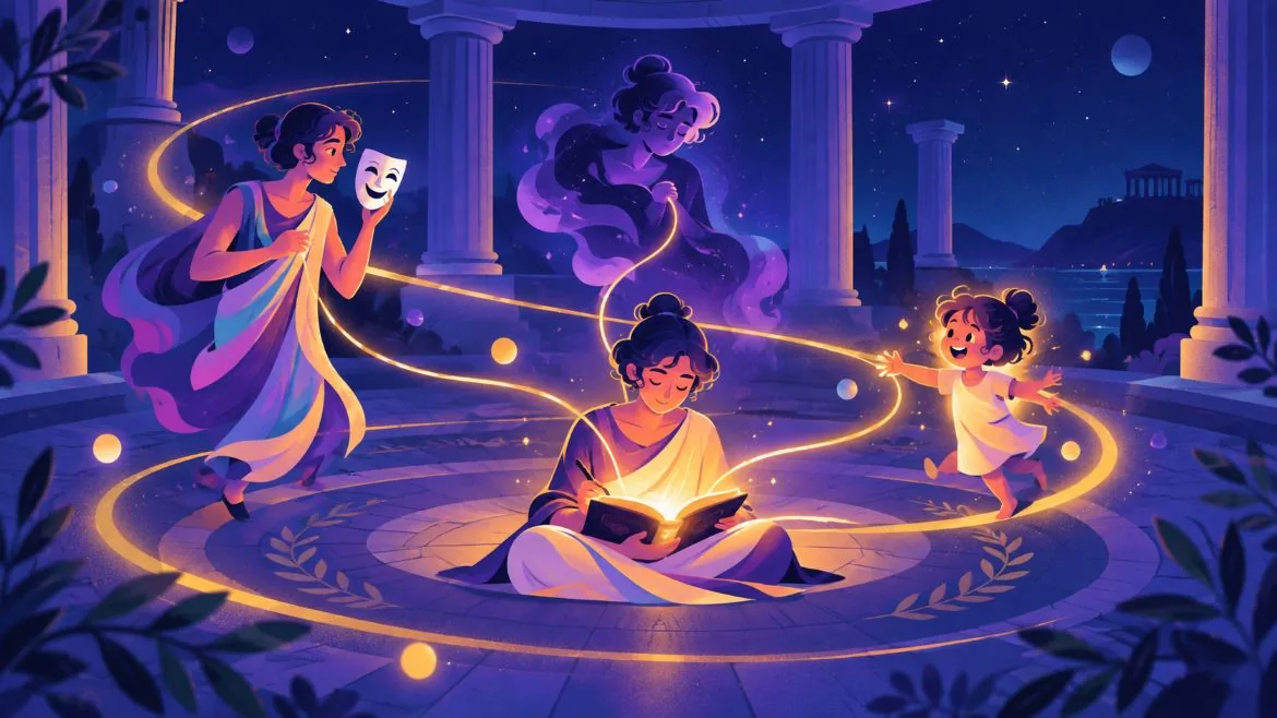 A person journaling in a circular courtyard, connected to a masked, shadow and childhood version of themselves.
