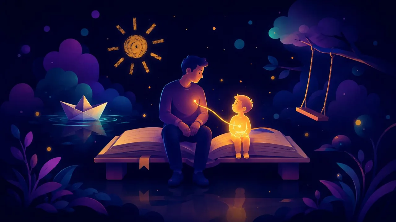 An adult and their glowing younger self sitting together on an open journal.