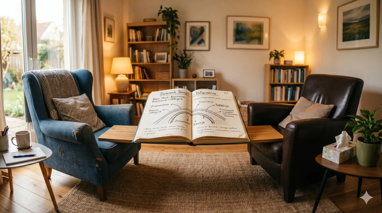 An open journal on a table between two armchairs in a cozy therapy office setting