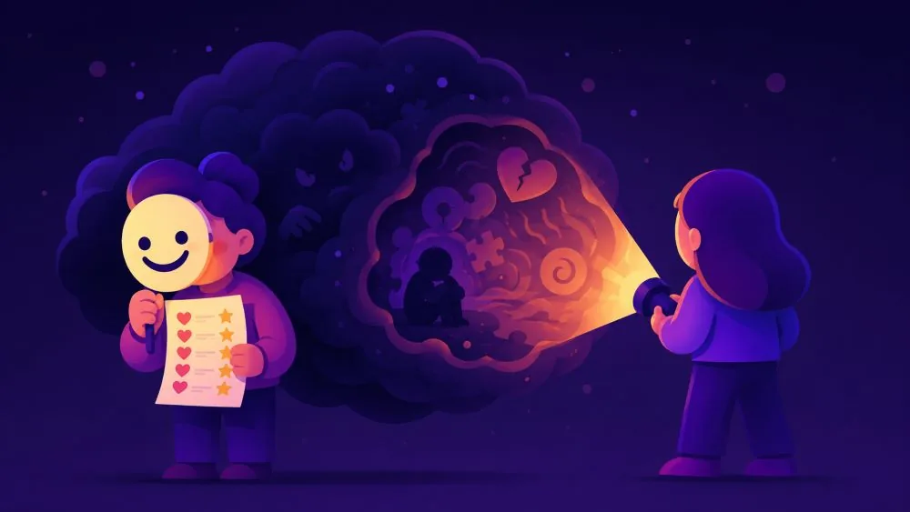 A smiling figure with a checklist beside a person exploring a glowing thought cloud.