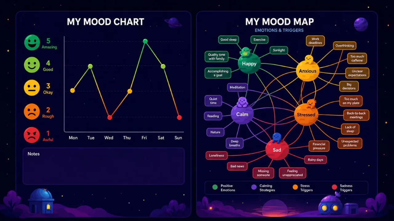 A mood line chart beside a connected map of situations and emotions.