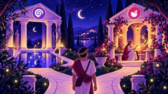 Seauton vs Rosebud comparison: a traveler at a crossroads between a moonlit temple with a reflecting pool under the Seauton logo and a rose pavilion with a speaking figure under the Rosebud logo.