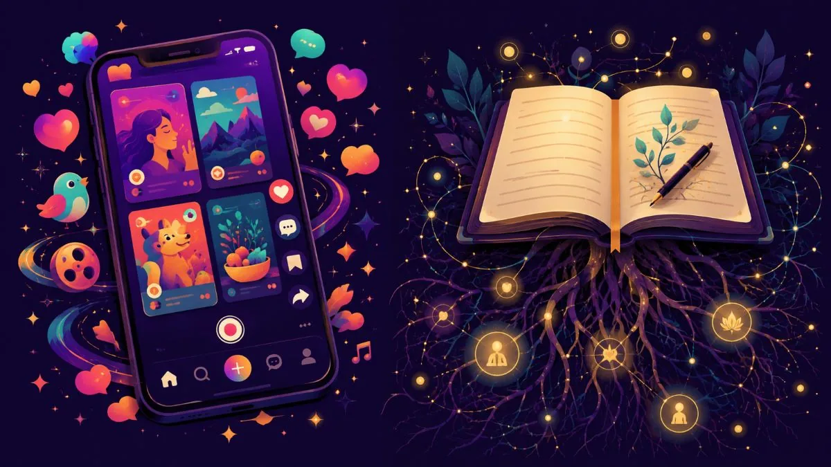 A phone showing social media prompts beside an open journal with roots and a key.