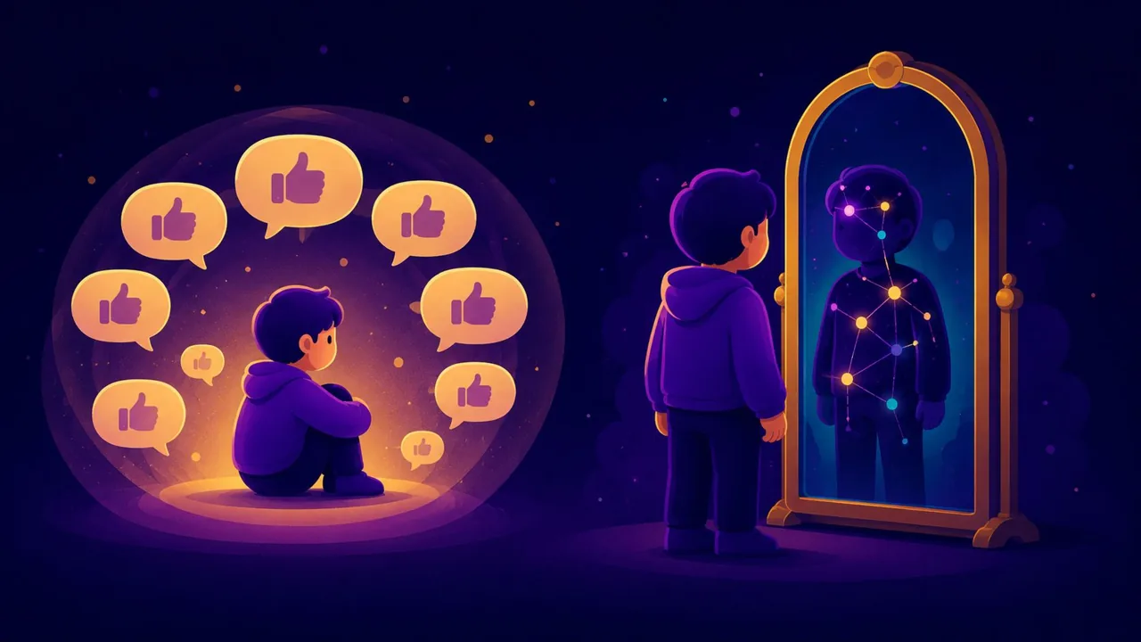 A person surrounded by approval symbols beside another looking into a reflective mirror.