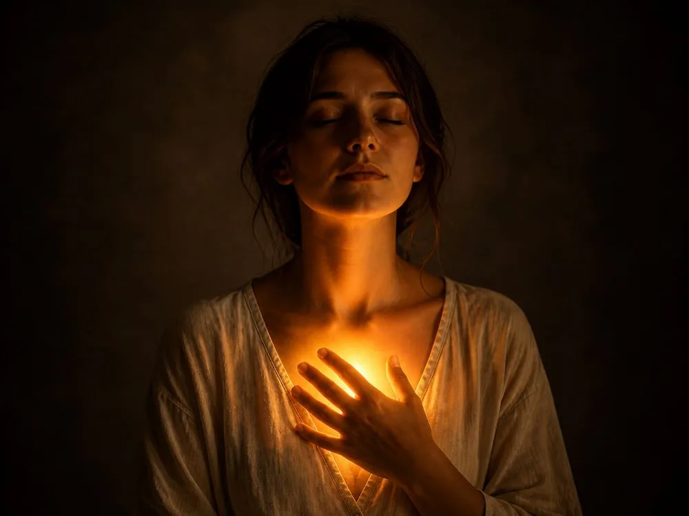 A person resting a hand over a warm glow in their chest.