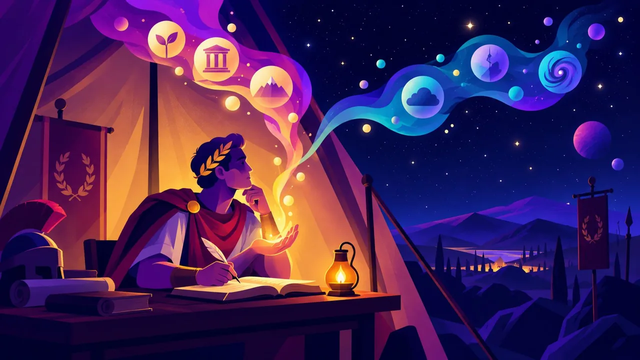 An ancient Greek writer reflecting in a journal as thoughts rise into a night sky.