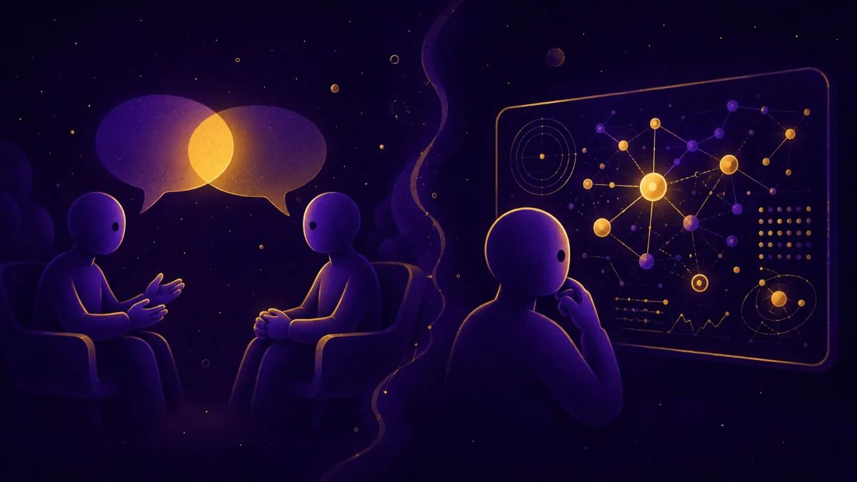 Two people in conversation beside a person studying a structured constellation of thoughts.