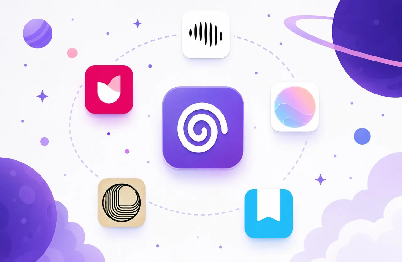 Seauton and other journaling app icons surrounding an open journal.