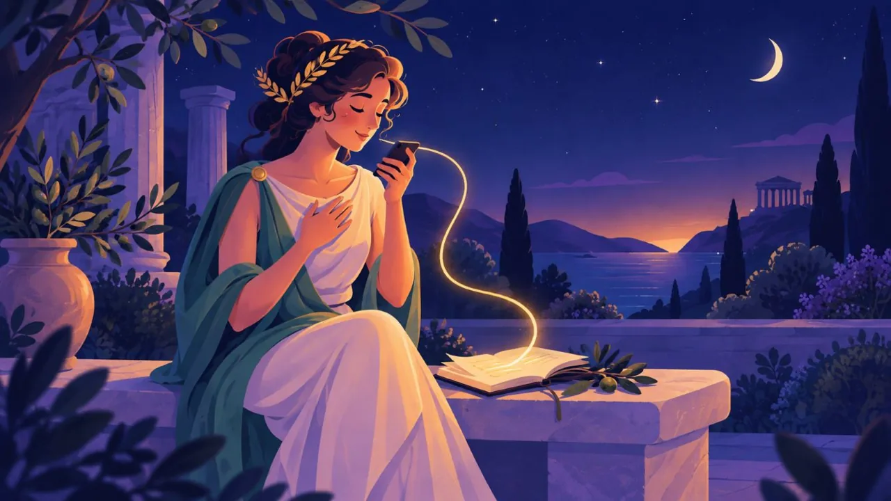 Demeter recording a thought on her phone, with a golden sound ribbon flowing toward an open journal.