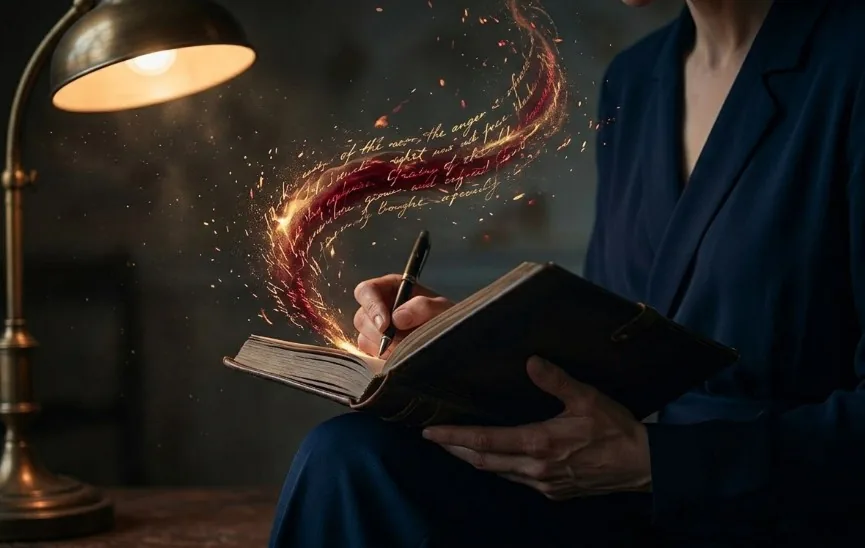 A person writing in a journal under a lamp with sparks flying out, symbolizing intense emotions and anger