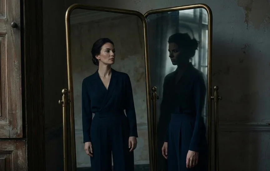 A woman looking into a mirror where her reflection appears as a dark silhouette, illustrating personality triggers