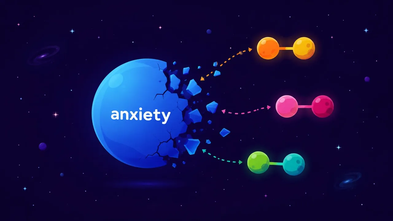 A blue circle labeled anxiety connecting to smaller colored emotion and trigger pairs.